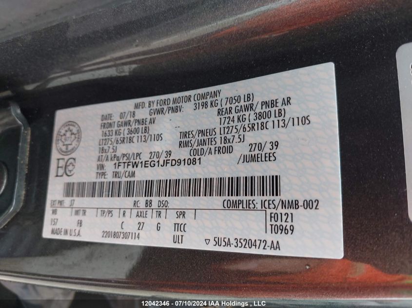 2018 Ford F-150 Xlt VIN: 1FTFW1EG1JFD91081 Lot: 12042346