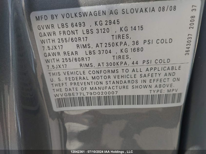 2009 Volkswagen Touareg 2 VIN: WVGBE77L79D020007 Lot: 12042361