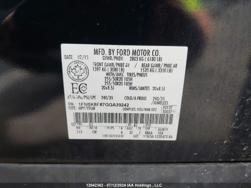 2016 Ford Explorer Limited VIN: 1FM5K8F87GGA39242 Lot: 12042362