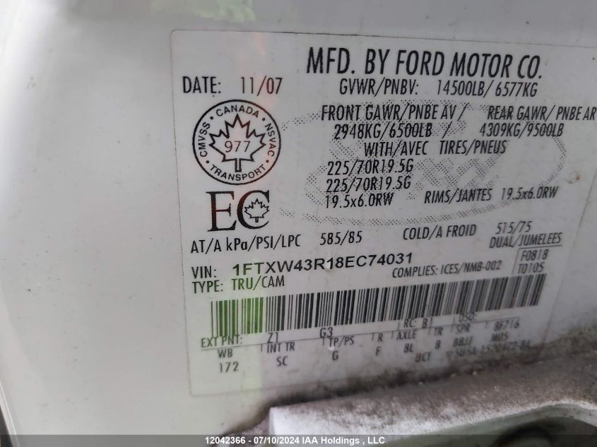 2008 Ford F-450 King Ranch/Lariat/Xl/Xlt VIN: 1FTXW43R18EC74031 Lot: 12042366