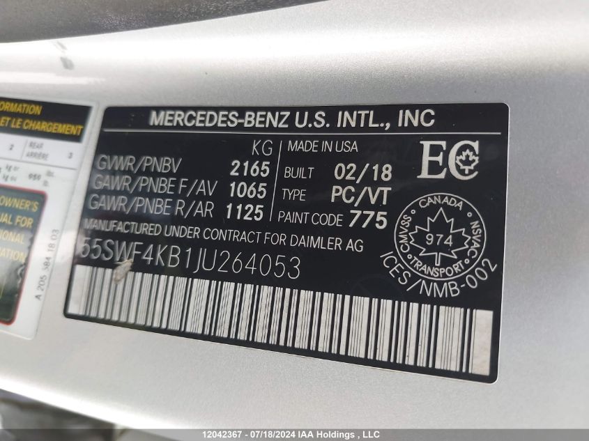 2018 Mercedes-Benz C 300 4Matic VIN: 55SWF4KB1JU264053 Lot: 12042367