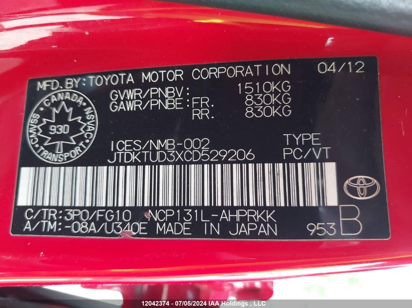 2012 Toyota Yaris VIN: JTDKTUD3XCD529206 Lot: 12042374