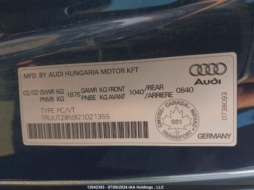 TRUUT28N921021355 2002 Audi Tt Quaro