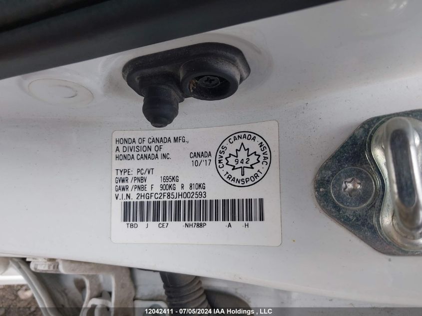 2018 Honda Civic Ex VIN: 2HGFC2F85JH002593 Lot: 12042411