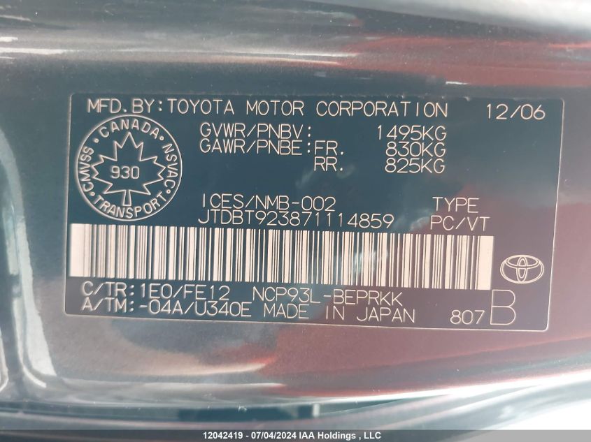 2007 Toyota Yaris VIN: JTDBT923871114859 Lot: 12042419