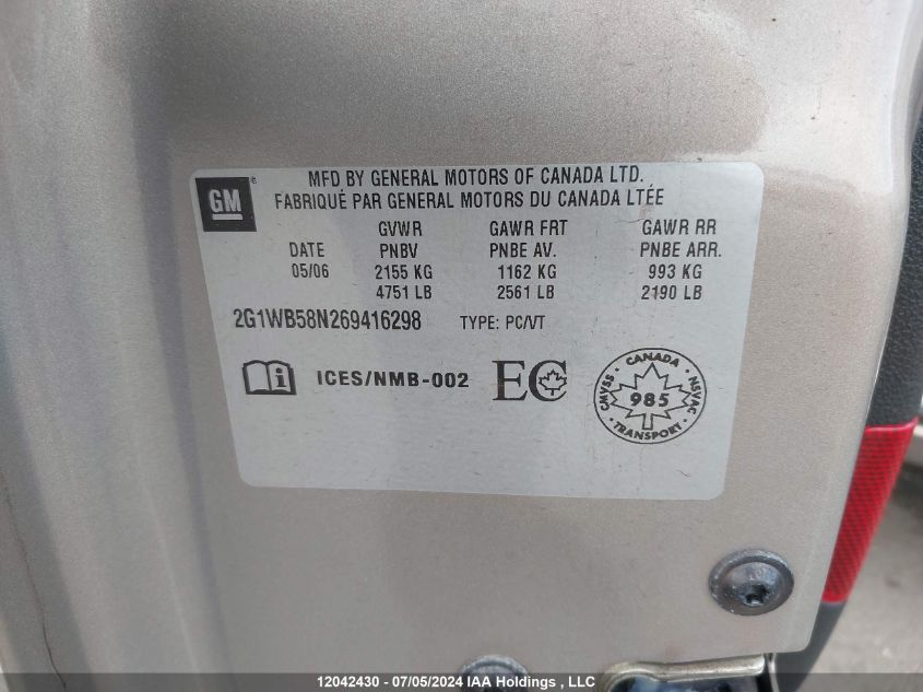 2006 Chevrolet Impala VIN: 2G1WB58N269416298 Lot: 12042430