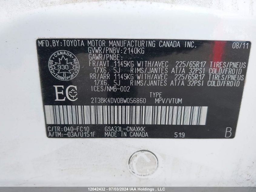 2011 Toyota Rav4 VIN: 2T3BK4DV0BW056860 Lot: 12042432