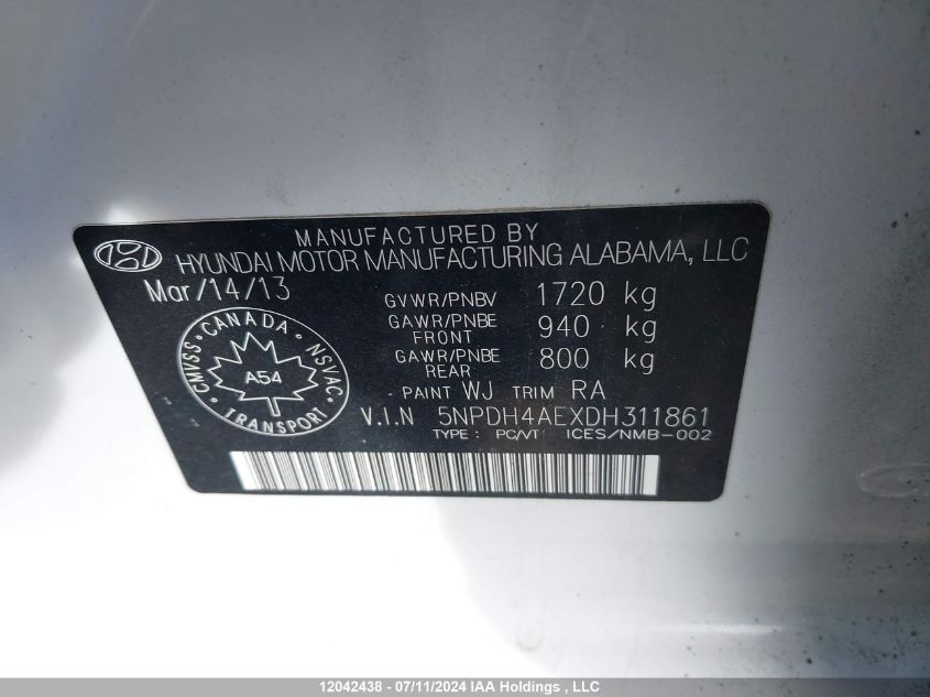 2013 Hyundai Elantra Gls/Limited VIN: 5NPDH4AEXDH311861 Lot: 12042438