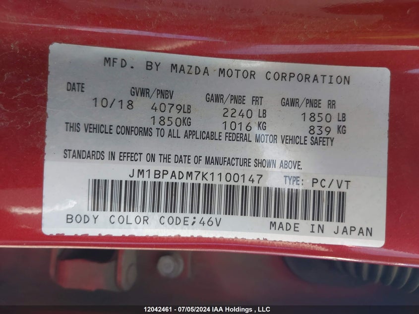 2019 Mazda Mazda3 VIN: JM1BPADM7K1100147 Lot: 12042461