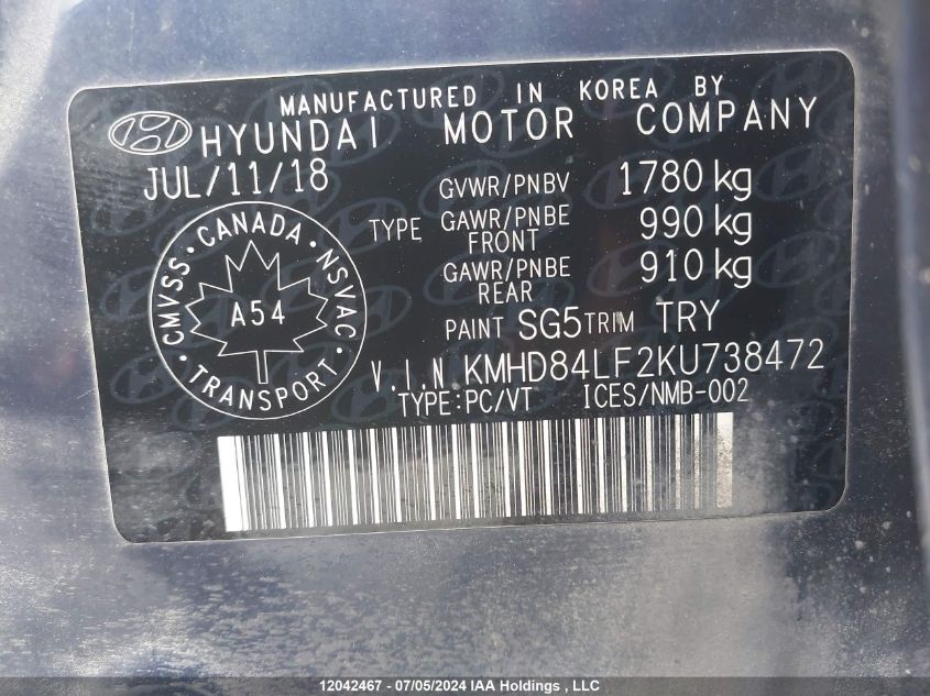 2019 Hyundai Elantra Preferred VIN: KMHD84LF2KU738472 Lot: 12042467