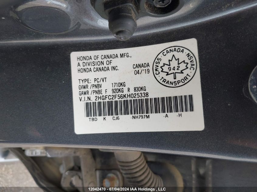 2019 Honda Civic Sedan VIN: 2HGFC2F56KH025338 Lot: 12042470