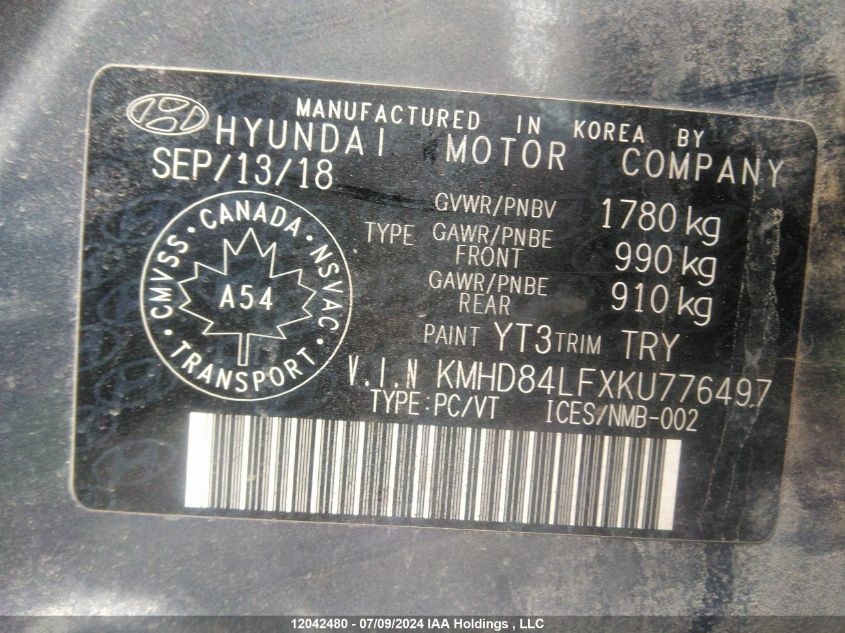 2019 Hyundai Elantra Preferred VIN: KMHD84LFXKU776497 Lot: 12042480