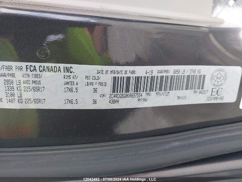 2019 Dodge Grand Caravan Se VIN: 2C4RDGBG8KR697554 Lot: 12042482