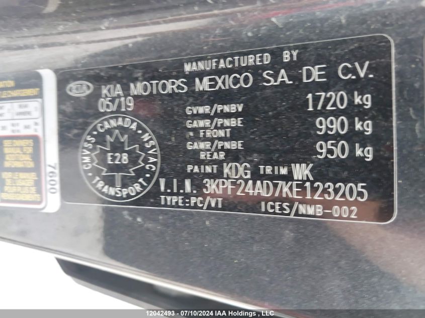 2019 Kia Forte VIN: 3KPF24AD7KE123205 Lot: 12042493