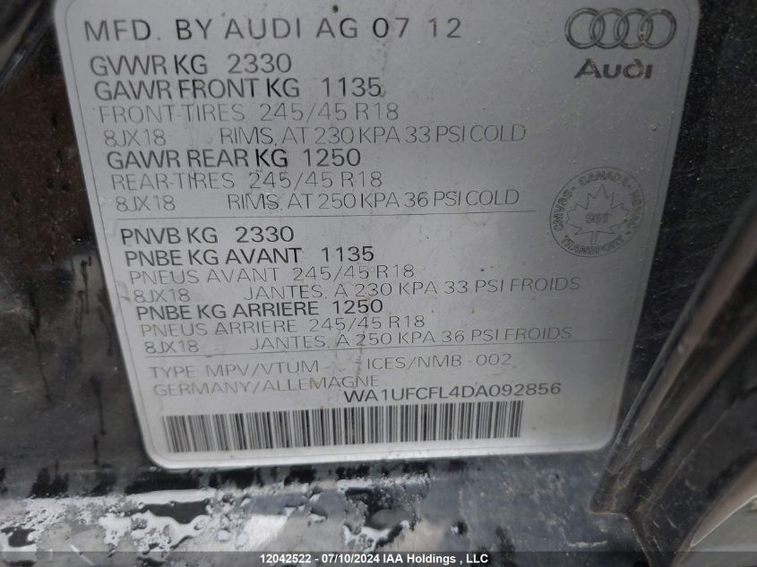 2013 Audi A4 Allroad Premium Plus VIN: WA1UFCFL4DA092856 Lot: 12042522