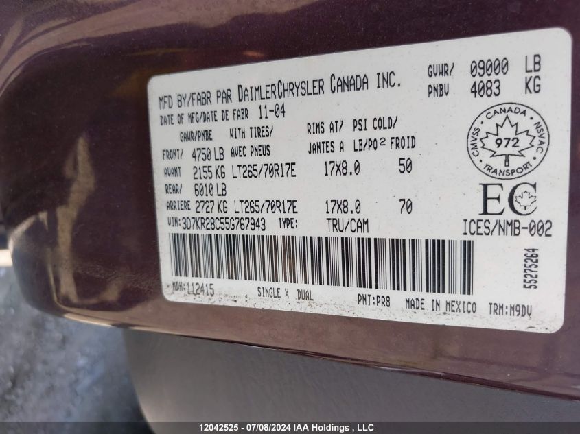 2005 Dodge Ram 2500 Slt/Laramie VIN: 3D7KR28C55G767943 Lot: 12042525