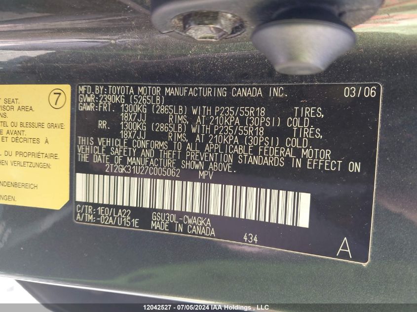 2007 Lexus Rx 350 VIN: 2T2GK31U27C005062 Lot: 12042527