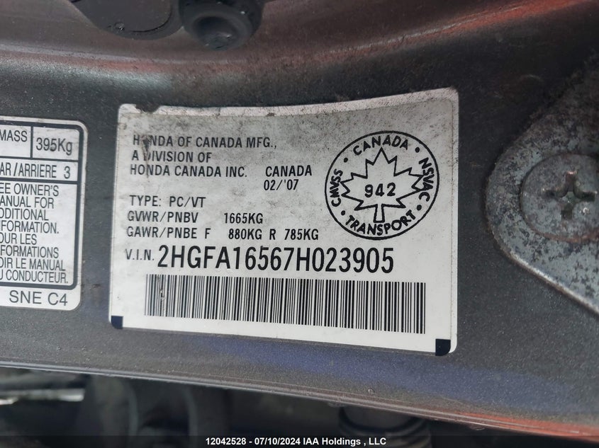 2007 Honda Civic VIN: 2HGFA16567H023905 Lot: 12042528