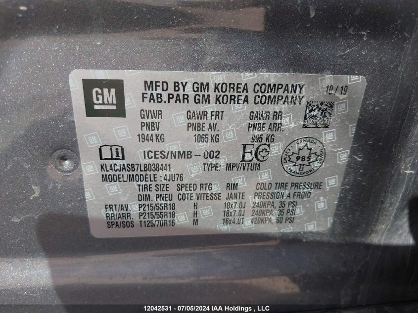 2020 Buick Encore Preferred VIN: KL4CJASB7LB038441 Lot: 12042531