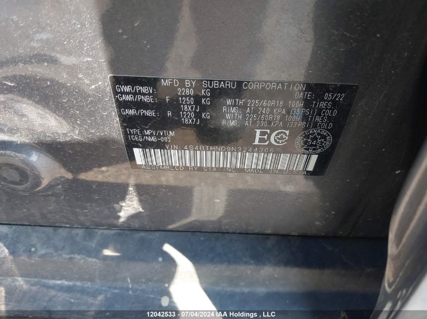 2022 Subaru Outback VIN: 4S4BTHND9N3244306 Lot: 12042533