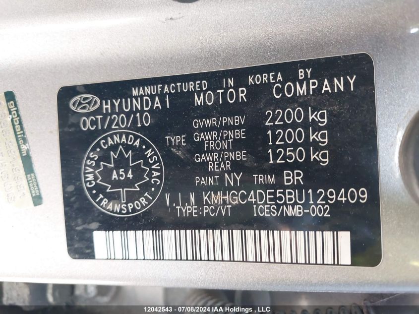 2011 Hyundai Genesis VIN: KMHGC4DE5BU129409 Lot: 12042543