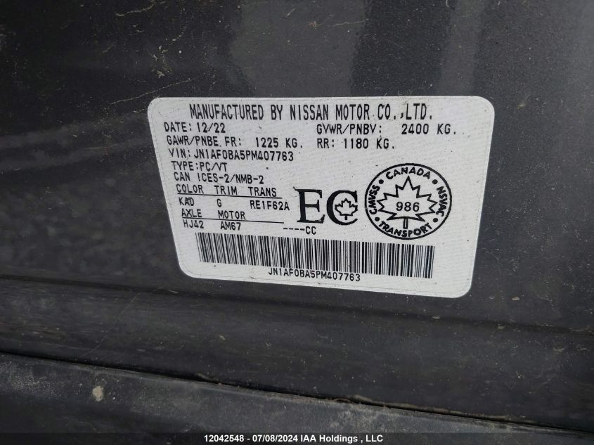 2023 Nissan Ariya VIN: JN1AF0BA5PM407763 Lot: 12042548