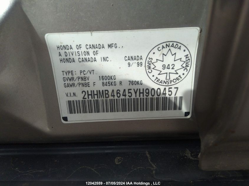 2000 Acura El VIN: 2HHMB4645YH900457 Lot: 12042559