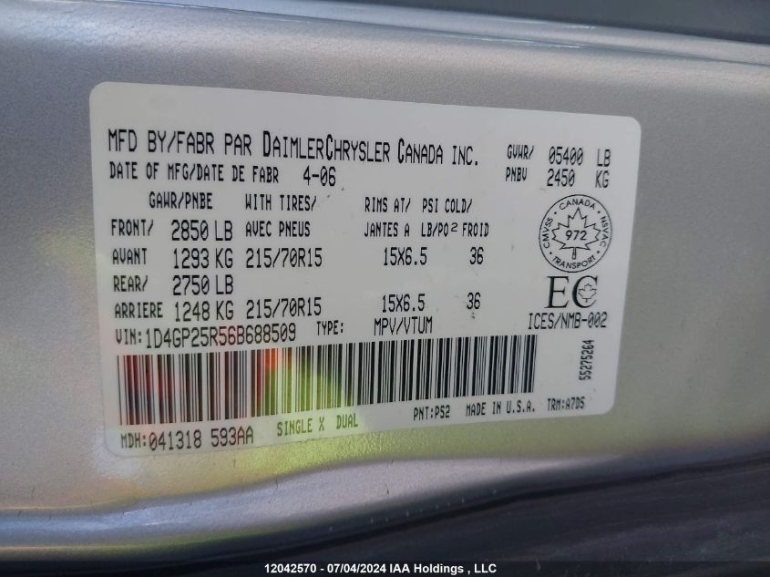 2006 Dodge Caravan VIN: 1D4GP25R56B688509 Lot: 12042570