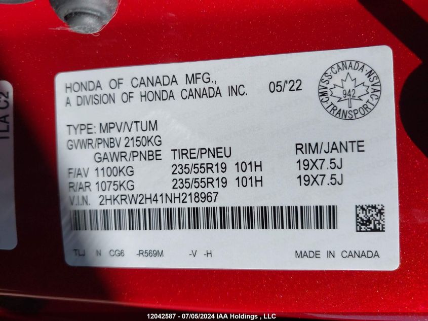 2022 Honda Cr-V VIN: 2HKRW2H41NH218967 Lot: 12042587