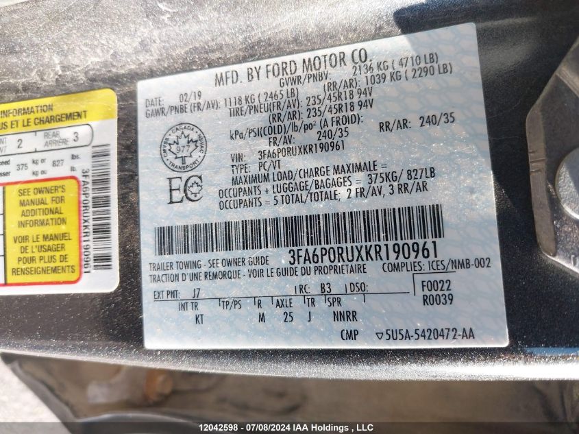 2019 Ford Fusion Hybrid Titanium VIN: 3FA6P0RUXKR190961 Lot: 12042598