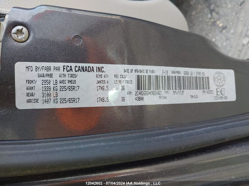 2019 Dodge Grand Caravan Cvp/Sxt VIN: 2C4RDGBGXKR654821 Lot: 12042602