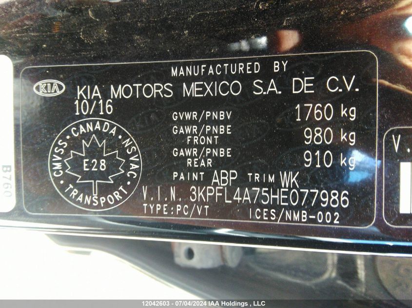 2017 Kia Forte VIN: 3KPFL4A75HE077986 Lot: 12042603