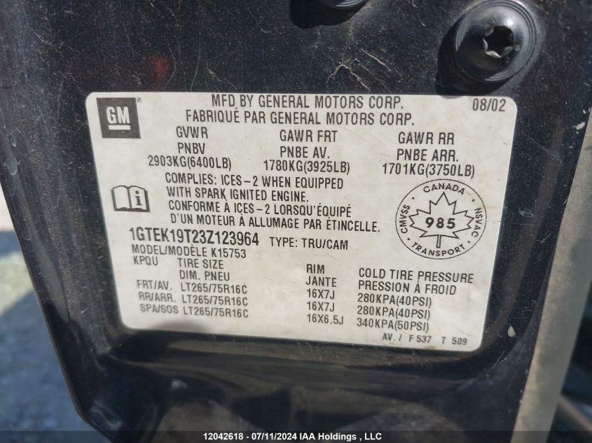 2003 GMC Sierra 1500 VIN: 1GTEK19T23Z123964 Lot: 12042618