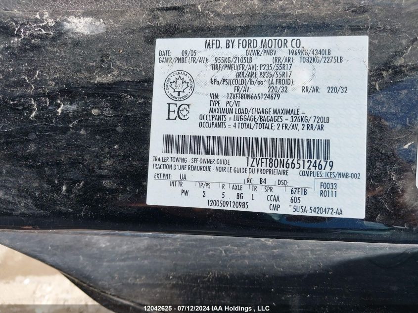 2006 Ford Mustang VIN: 1ZVFT80N665124679 Lot: 12042625