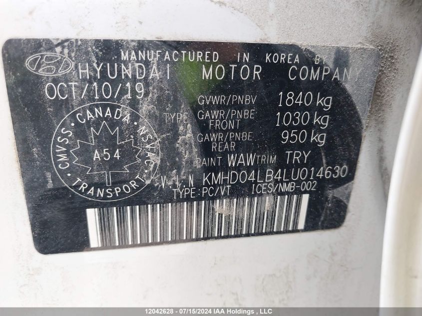 2020 Hyundai Elantra Sport Dct VIN: KMHD04LB4LU014630 Lot: 12042628