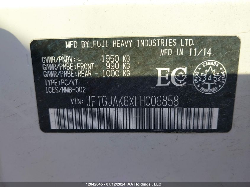 2015 Subaru Impreza Premium Plus VIN: JF1GJAK6XFH006858 Lot: 12042645