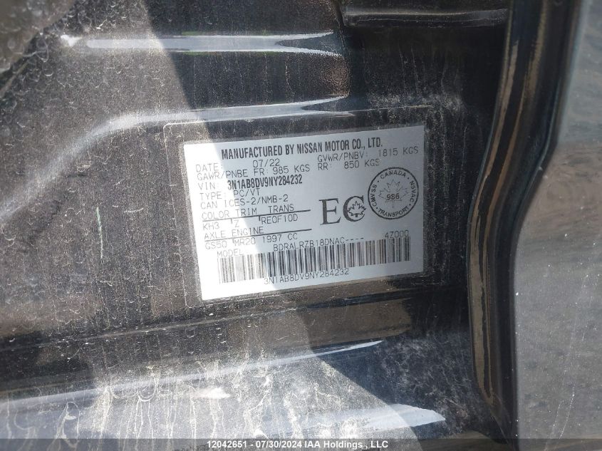 2022 Nissan Sentra VIN: 3N1AB8DV9NY284232 Lot: 12042651