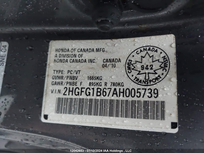2010 Honda Civic Cpe VIN: 2HGFG1B67AH005739 Lot: 12042653