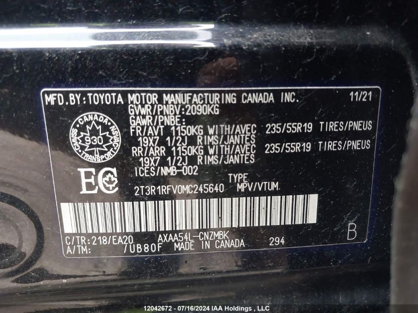 2021 Toyota Rav4 Xle VIN: 2T3R1RFV0MC245640 Lot: 12042672