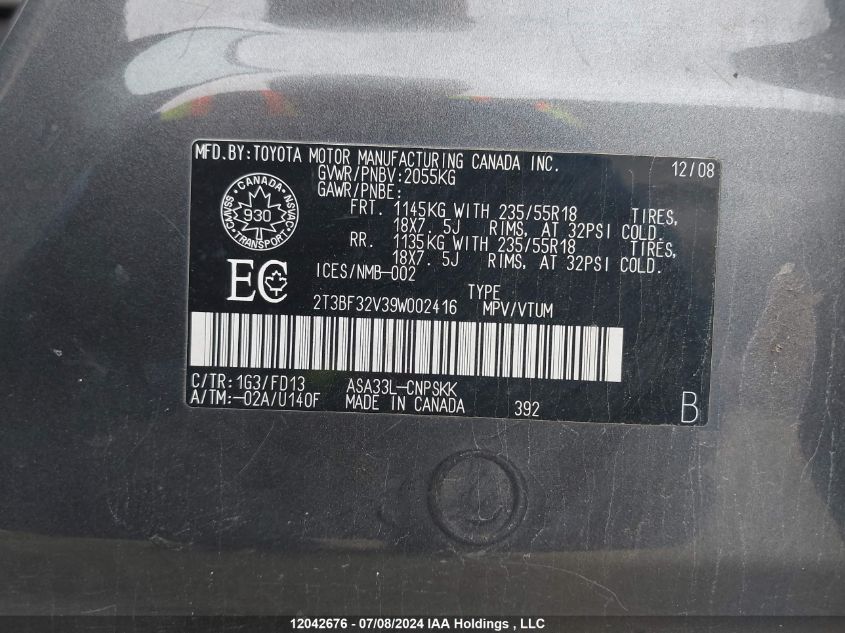 2009 Toyota Rav4 Sport VIN: 2T3BF32V39W002416 Lot: 12042676