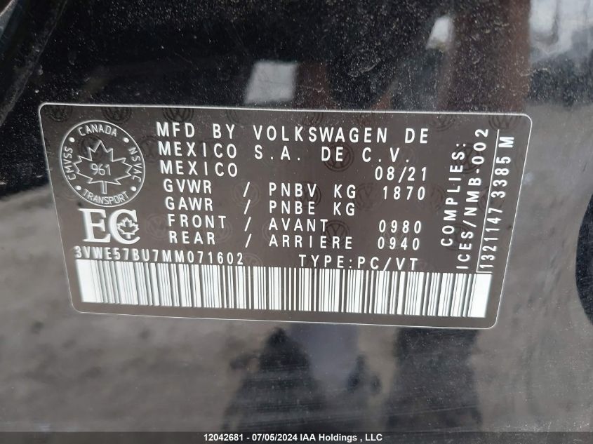 2021 Volkswagen Jetta VIN: 3VWE57BU7MM071602 Lot: 12042681