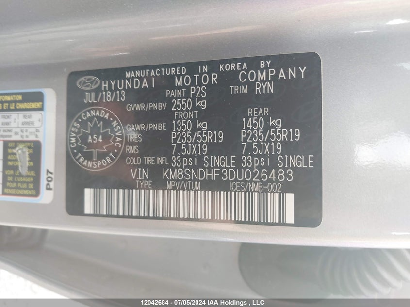 2013 Hyundai Santa Fe Xl Limited VIN: KM8SNDHF3DU026483 Lot: 12042684