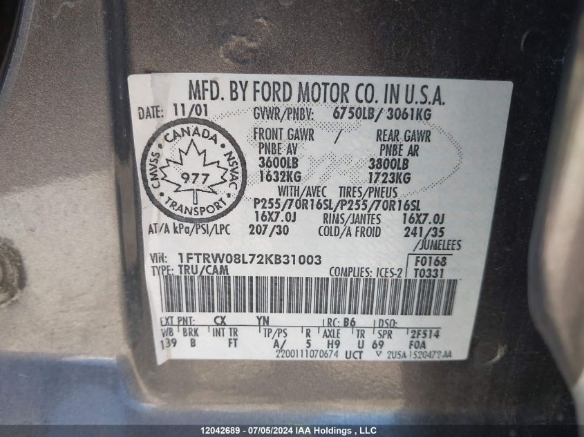 2002 Ford F150 Supercrew VIN: 1FTRW08L72KB31003 Lot: 12042689