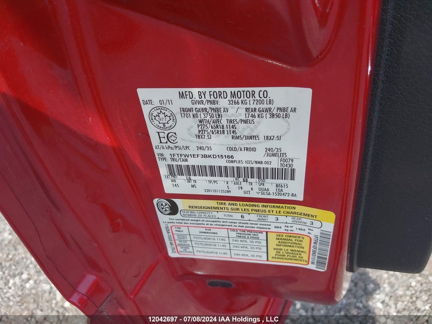 2011 Ford F-150 VIN: 1FTFW1EF3BKD15166 Lot: 12042697