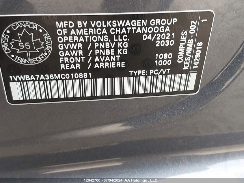 2021 Volkswagen Passat VIN: 1VWBA7A36MC010881 Lot: 12042700