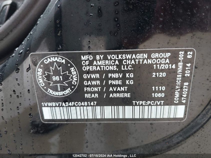 2015 Volkswagen Passat VIN: 1VWBV7A34FC048147 Lot: 12042702