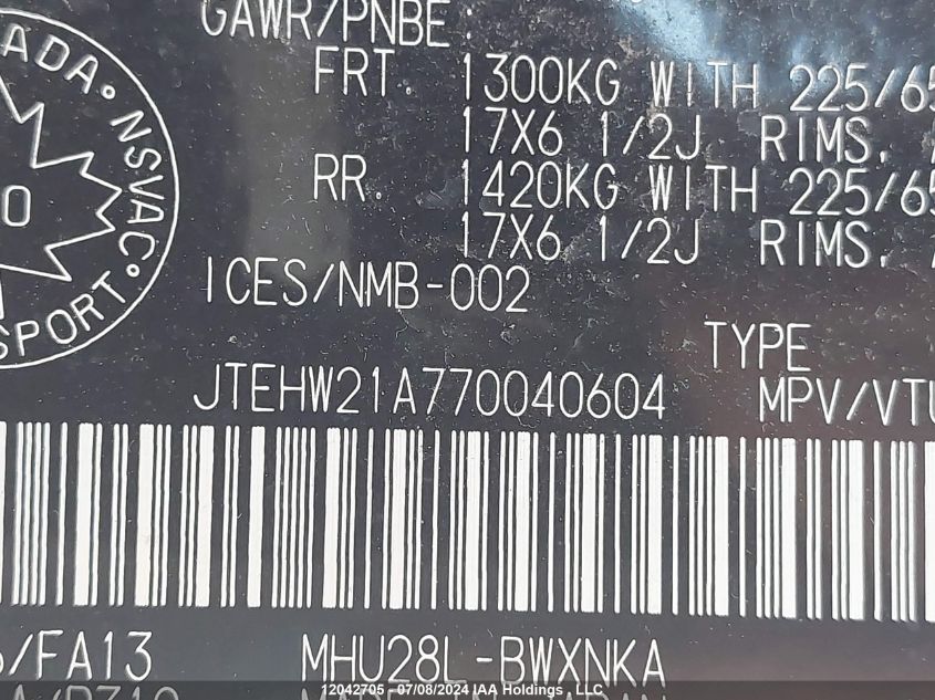 2007 Toyota Highlander Hybrid Hybrid VIN: JTEHW21A770040604 Lot: 12042705