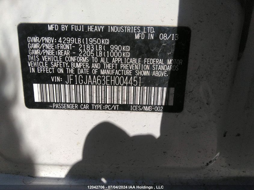 2014 Subaru Impreza VIN: JF1GJAA63EH004451 Lot: 12042706