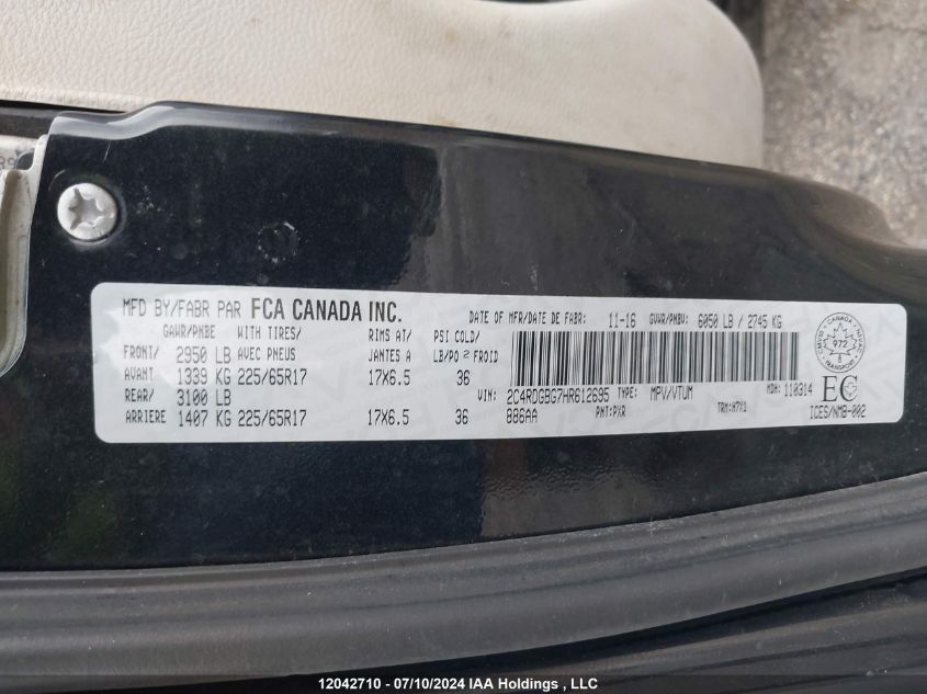 2017 Dodge Grand Caravan Se VIN: 2C4RDGBG7HR612695 Lot: 12042710