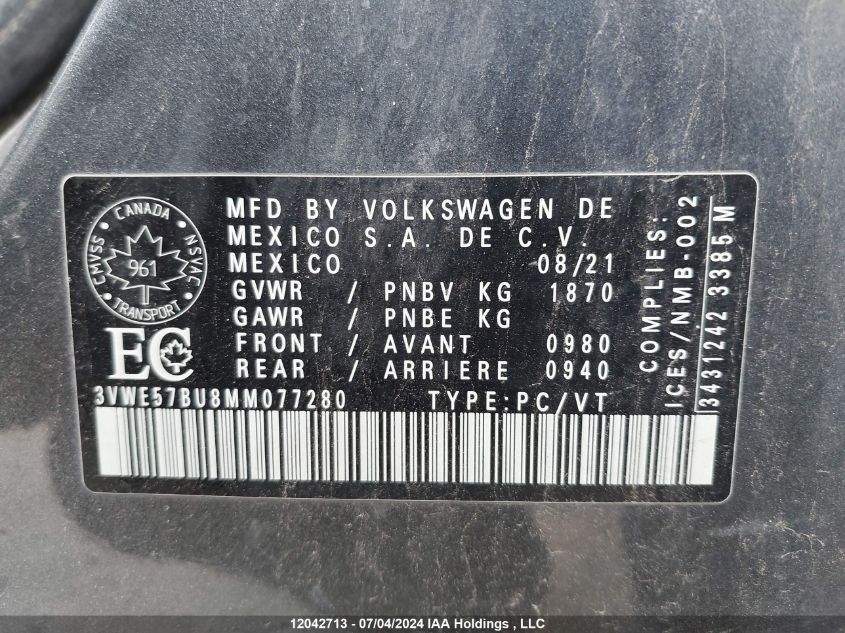 2021 Volkswagen Jetta VIN: 3VWE57BU8MM077280 Lot: 12042713